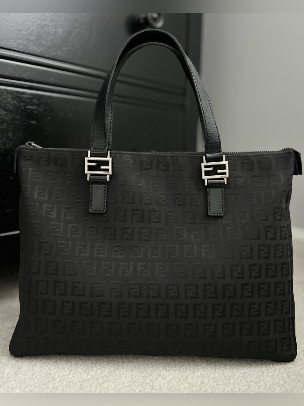 Fendi Black Zucchino FF Canvas Handbag Tote Leather Handles Gunmetal